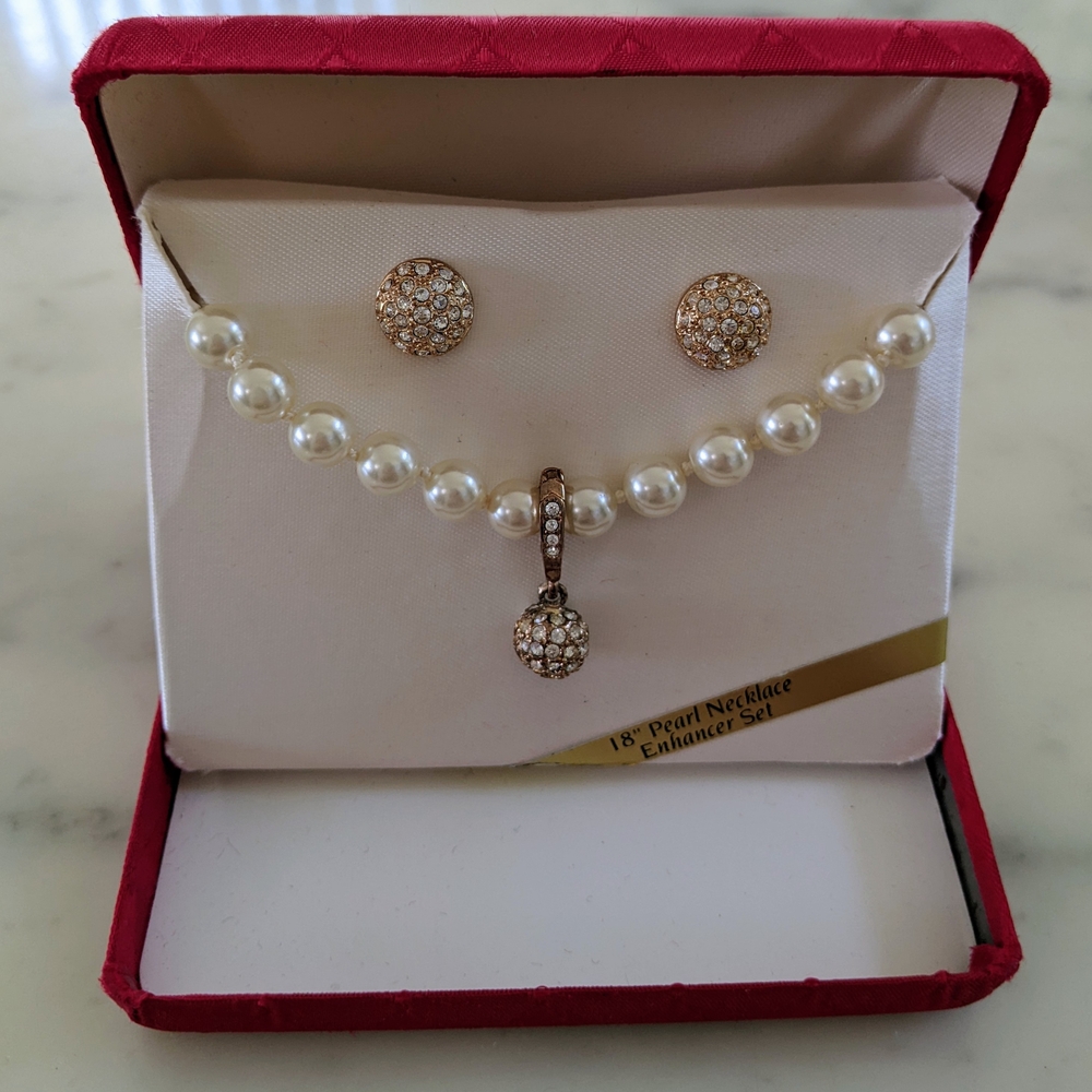 NWT. Roman 3-Pieces Pearl Necklace, Pendant And Earrings Gold & Rhinestone Set.